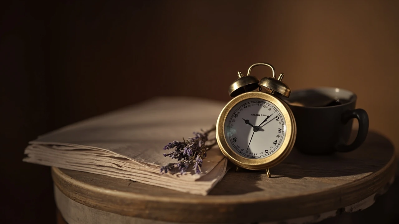 Orologio analogico che segna le 21:12, con una luce soffusa e una tazza di tisana accanto