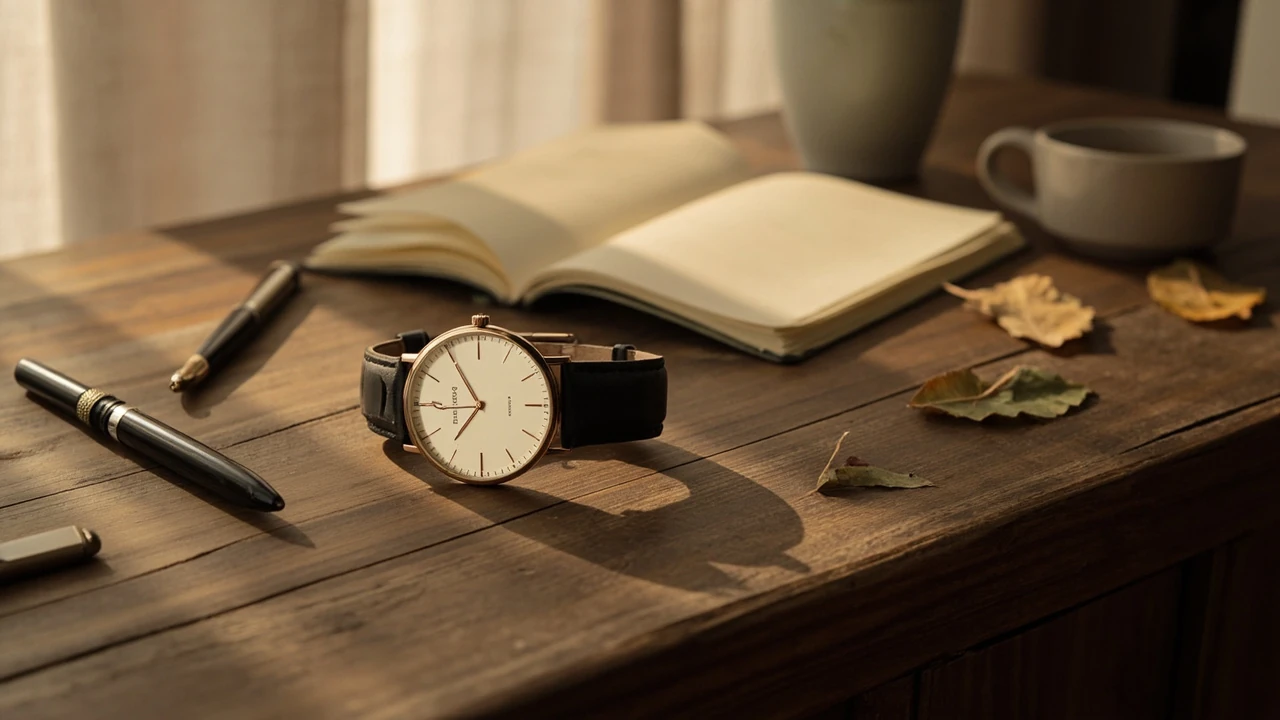 Orologio analogico che segna le 10:10 su una scrivania in legno